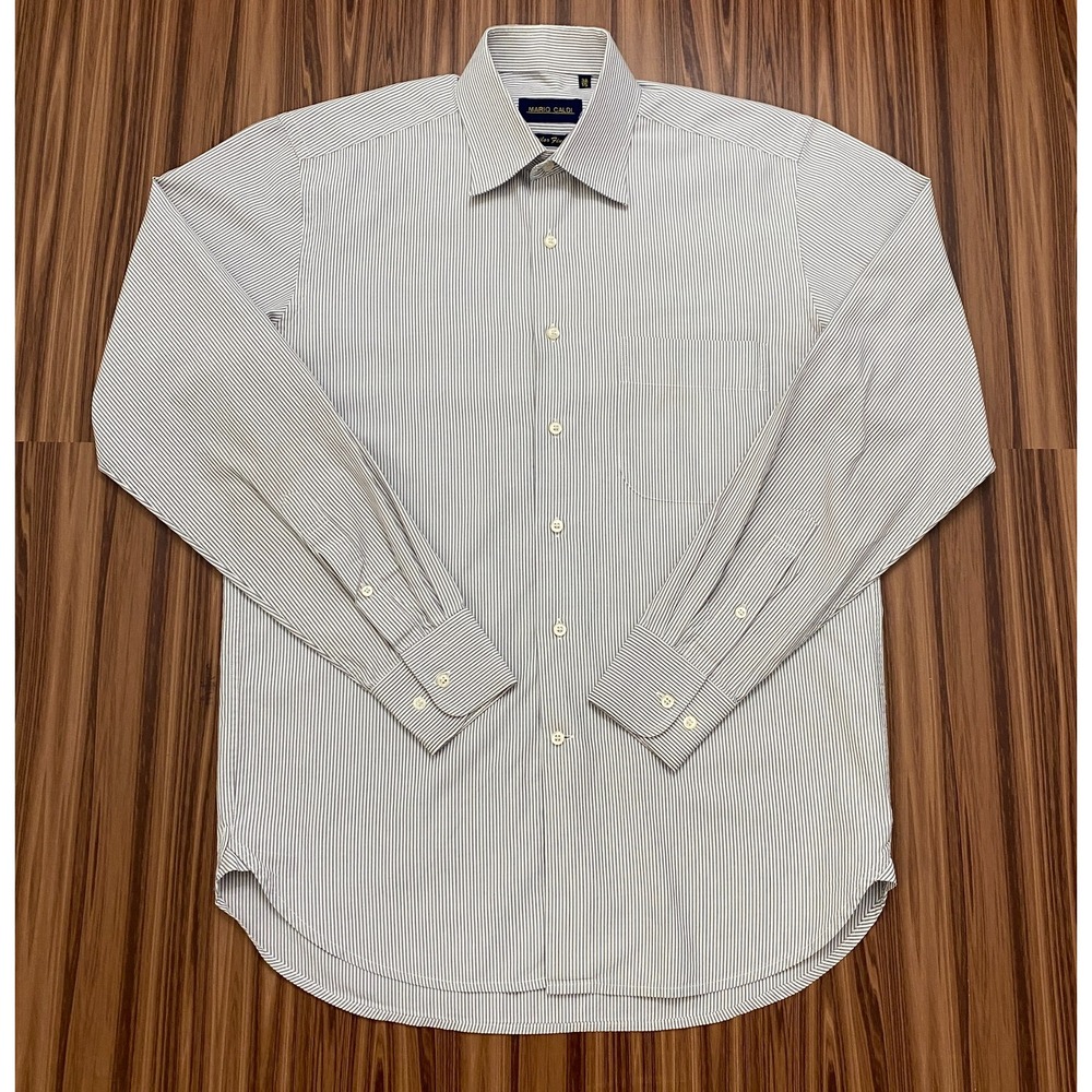 MARIO CALDI Mens Dress Shirt Size 38/15 White Gray Striped Textured Long Sleeve